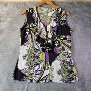 Dressbarn Womens M Paisley Ruffle Sleeveless Top Purple Green Black Boho Chic